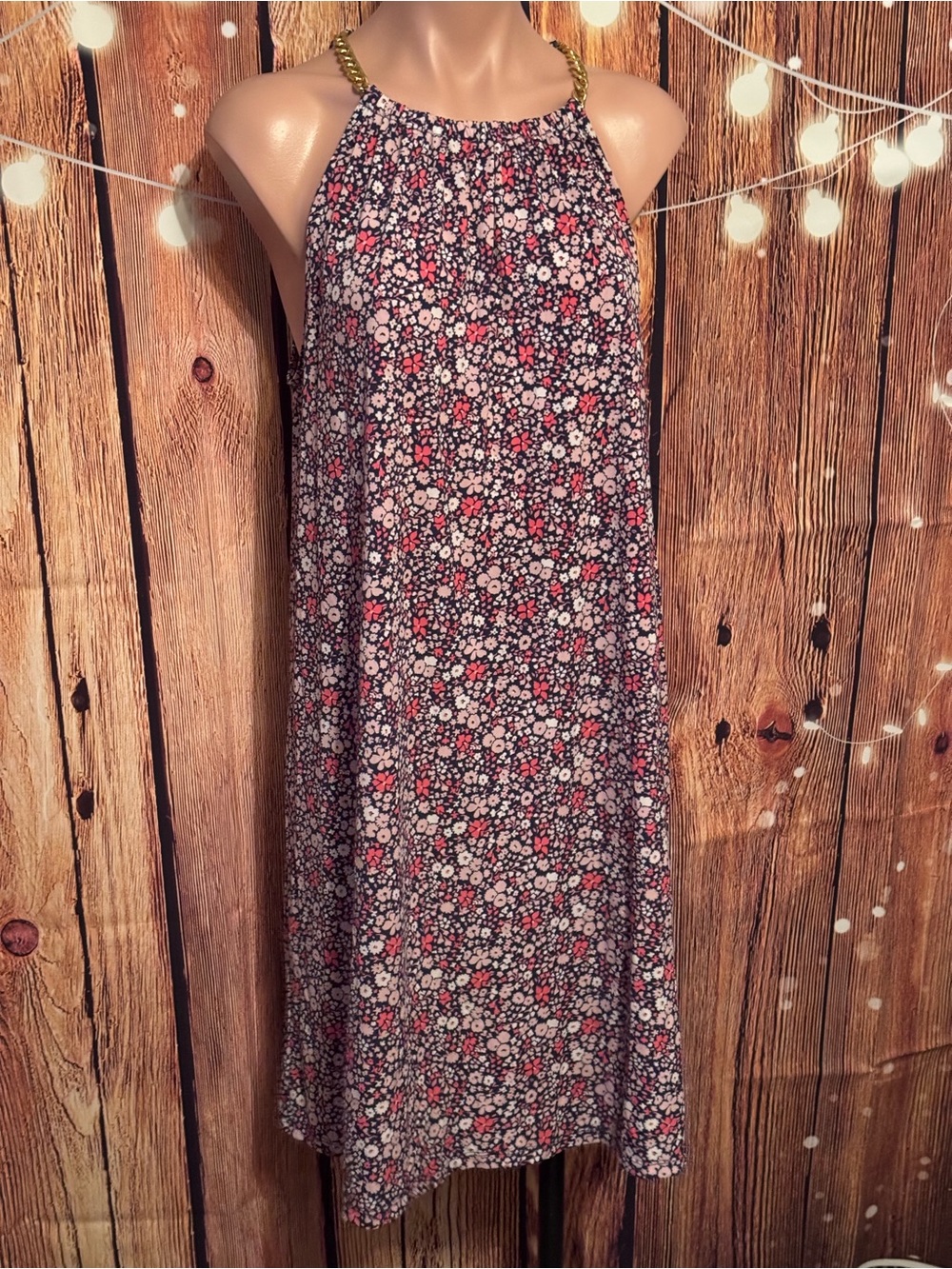 Floral Halter Swing Dress with Chain Straps - Pink,coral, White & Navy